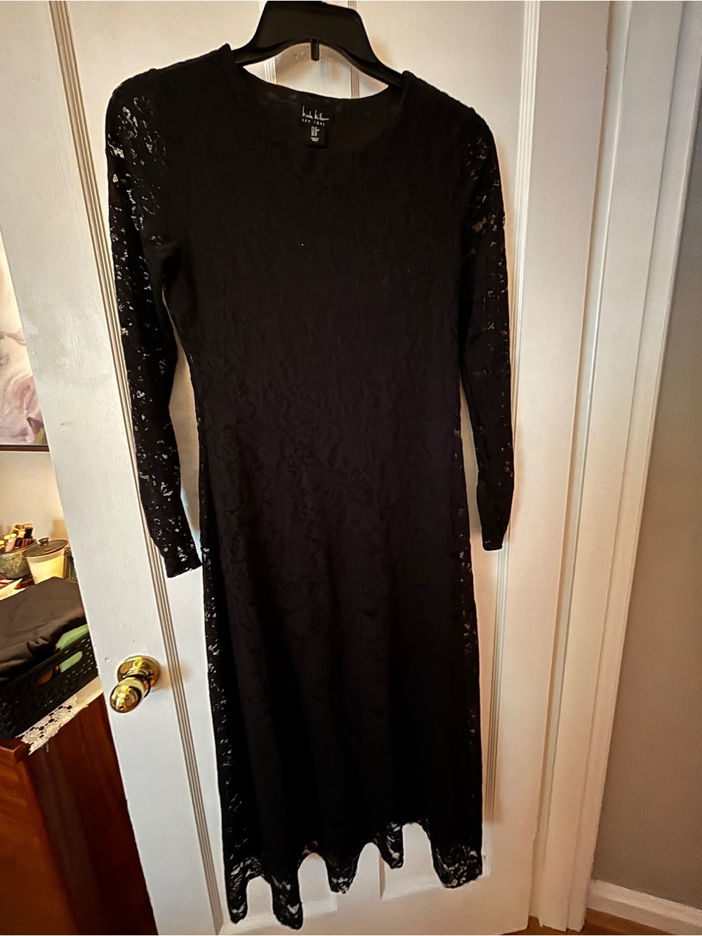 Nicole Miller Black Lace Long-Sleeve Midi Dress with Scalloped Hem
